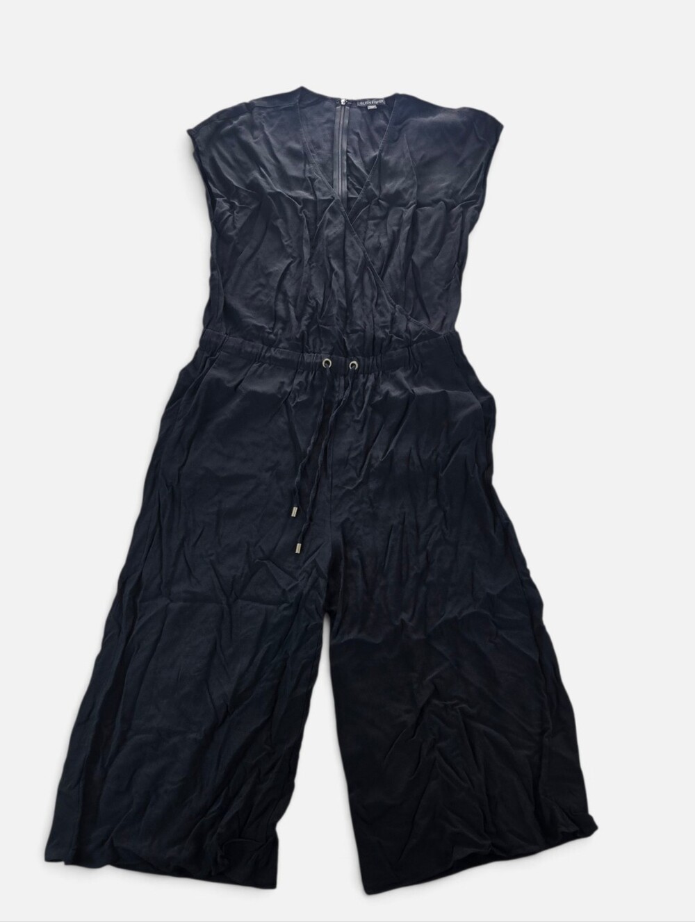 EILEEN FISHER Jumpsuit S Tencel Viscose Crepe Surplice Cinched Waist Crop Black - Picture 10 of 10